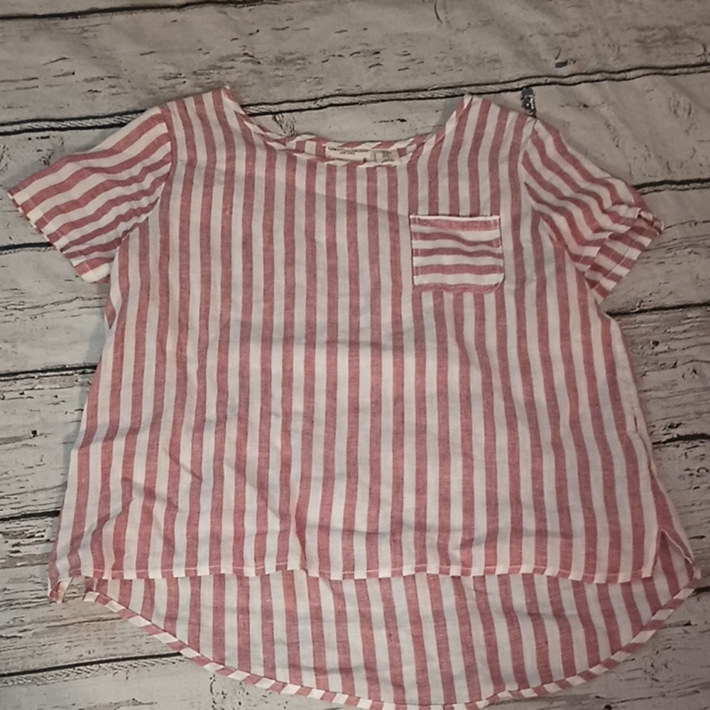 Christian Siriano Red White Striped Linen Pocket Short Sleeve Top M